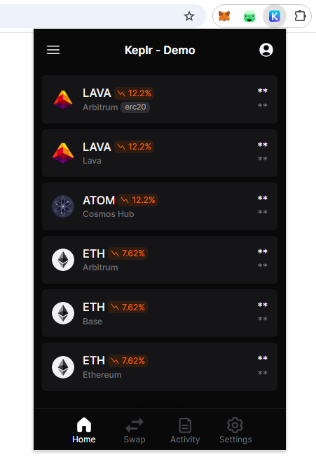 Keplr wallet showing the Lava chain selection and the wallet address. pt2