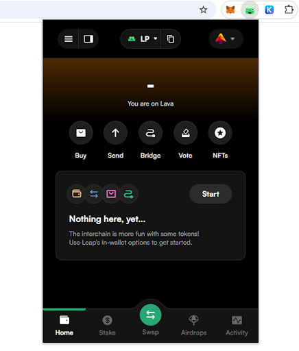 Leap wallet opened with “Lava” selected as the chain, showing the user’s wallet address. pt1