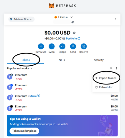 MetaMask interface with the Lava (Arbitrum) token contract being manually imported. pt1