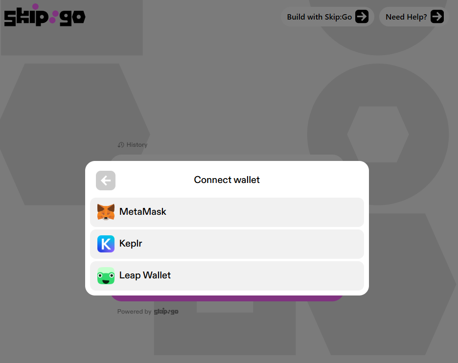 Skip:Go&#39;s main dashboard, showing an option to connect MetaMasks.