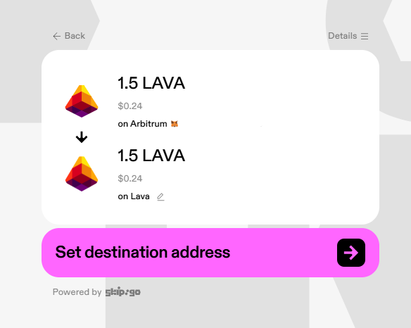 Skip:Go user interface highlighting Arbitrum as the source and Lava Mainnet as the destination.