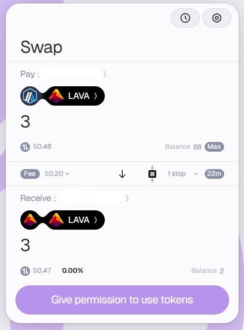 Squid Router interface showing an amount of Lava (Arbitrum) to be swapped to Lava Mainnet, along with a MetaMask confirmation window.