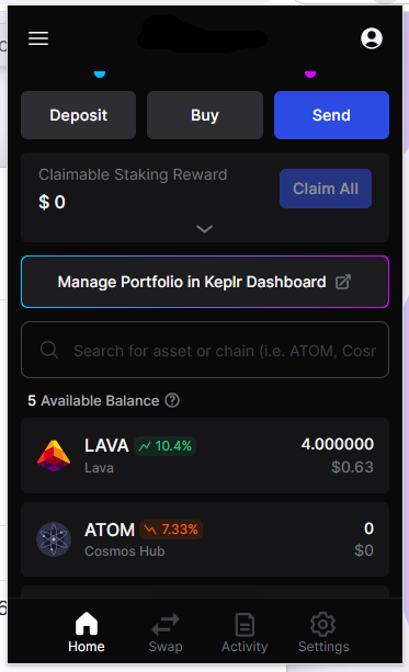 Keplr/ Leap wallet displaying a newly updated Lava token balance on Lava Mainnet, confirming a successful bridge