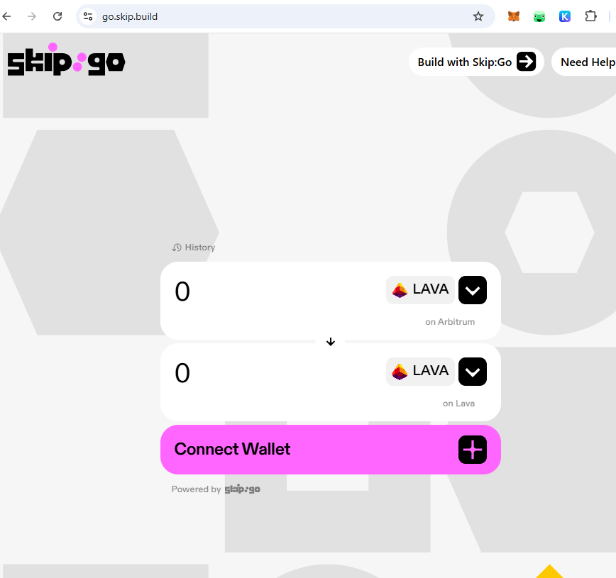 Skip:Go user interface highlighting Arbitrum as the source and Lava Mainnet as the destination.